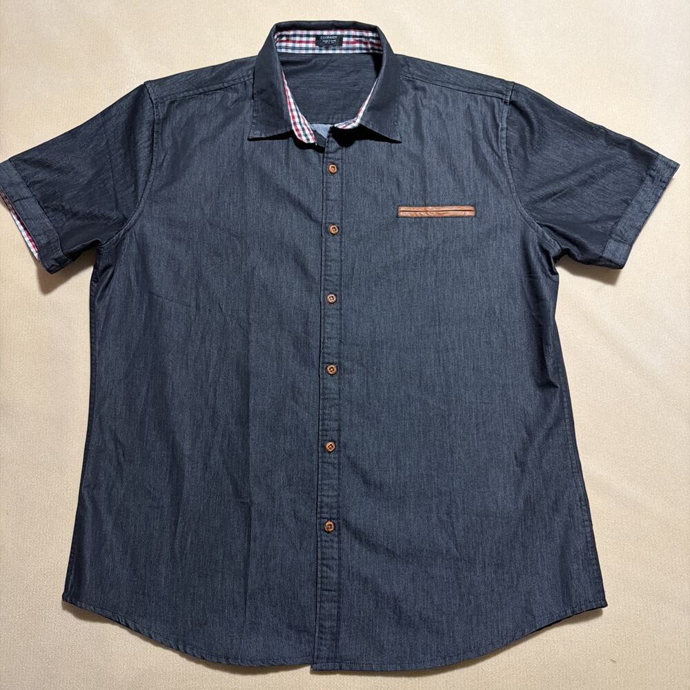 Coofandy Mens L Charcoal Black Denim Short Sleeve Shirt Plaid Trim Leather...
